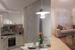 tende a pannelli con fantasia botanica coordinata per cucina e sala open space