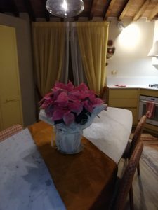 runner per tavolo da pranzo coordinato alle sciarpe fermatenda su tende in velo bicolore